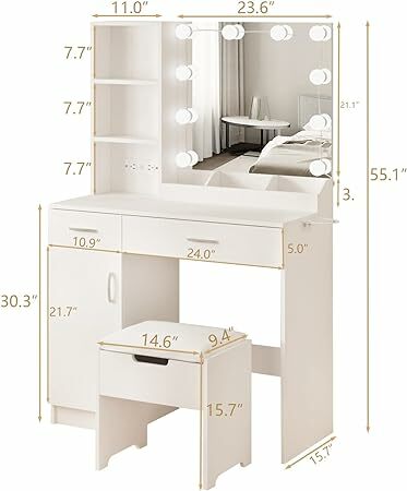 Makeup Vanity Desk with Lighted Mirror & Power Strip,White  Table Set  Lights and Lots Storage,2 Drawer