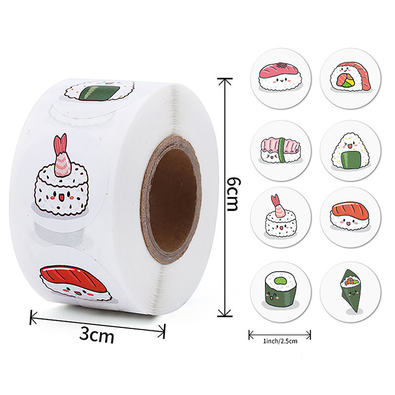 1roll 2,5 cm/1inch kreisförmige Cartoon Sushi Muster Aufkleber Geburtstag Hochzeit Dekor Aufkleber gebacken Dessert Lunchbox Etikett Aufkleber