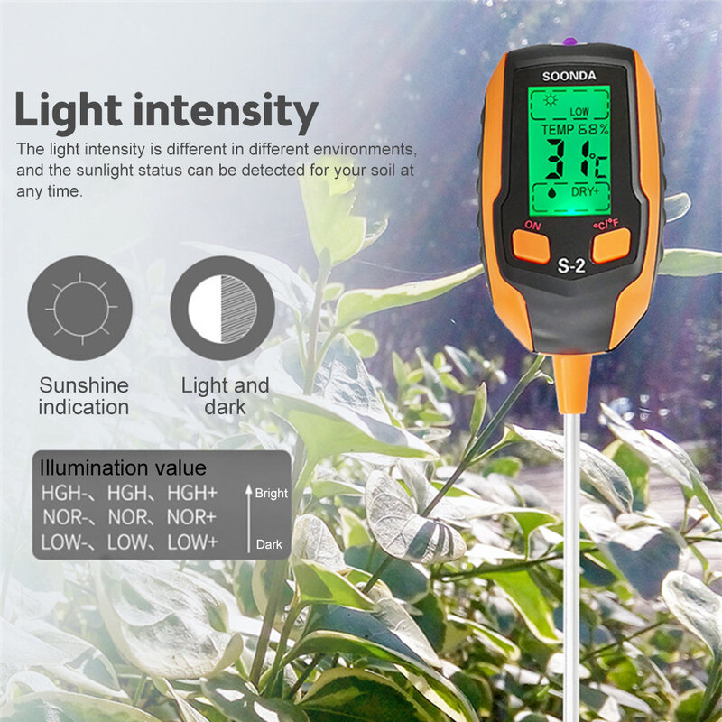 Tester del suolo 5-in-1 misuratore di PH del suolo per uso domestico illuminazione del suolo/temperatura/umidità/PH/analizzatore di umidità Test del sensore strumento da giardino del suolo