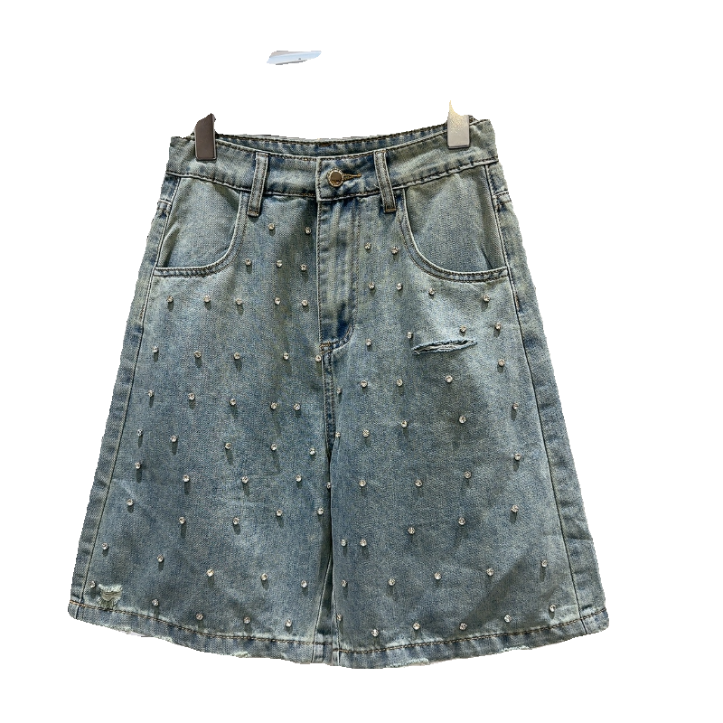Shorts jeans frisados de strass feminino com bolsos, shorts soltos de conforto, cor sólida, boa moda feminina, garota quente, verão, 2024