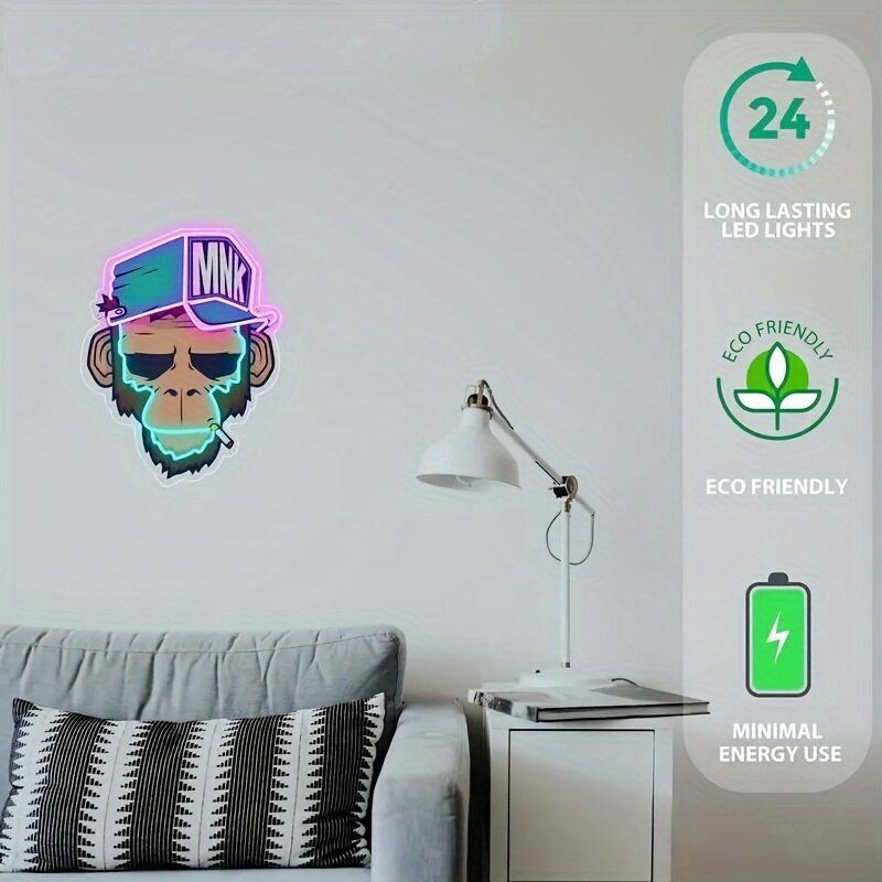 Monkey Neon Sign Light, Decoração da parede, Dimmable LED Neon Sign, Parede do quarto, Sala de jogos, Decoração da sala de estar