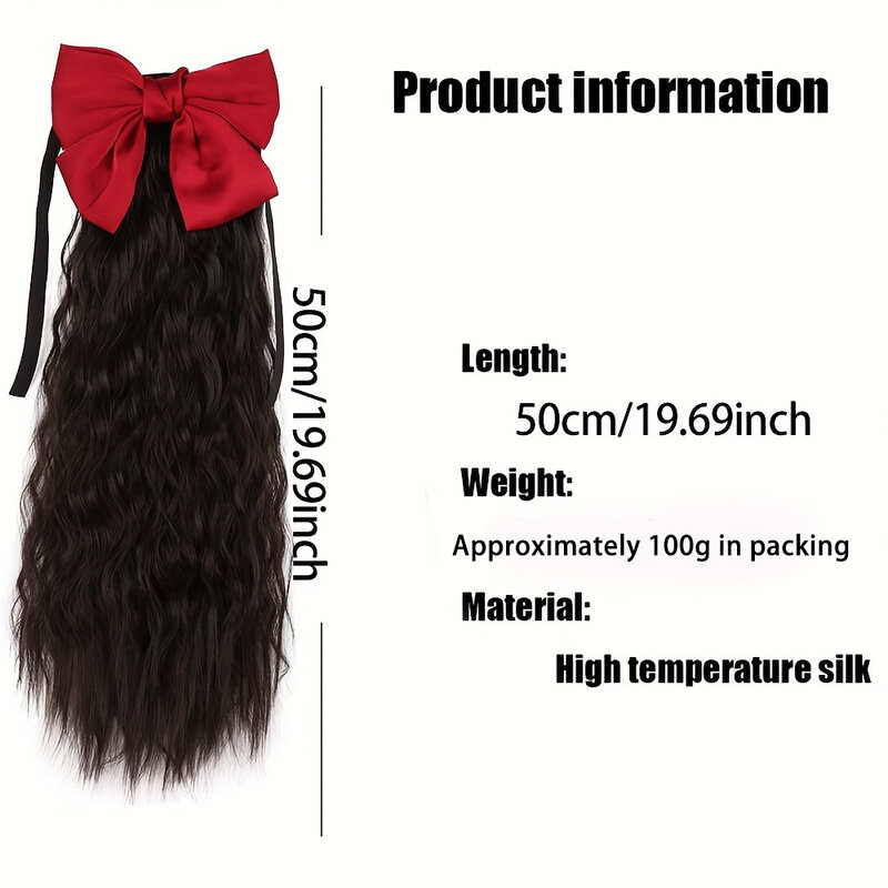 Coleta sintética rizada suelta ondulada para mujer, extensión de cabello, peluca con lazo rojo, accesorios elegantes para el cabello