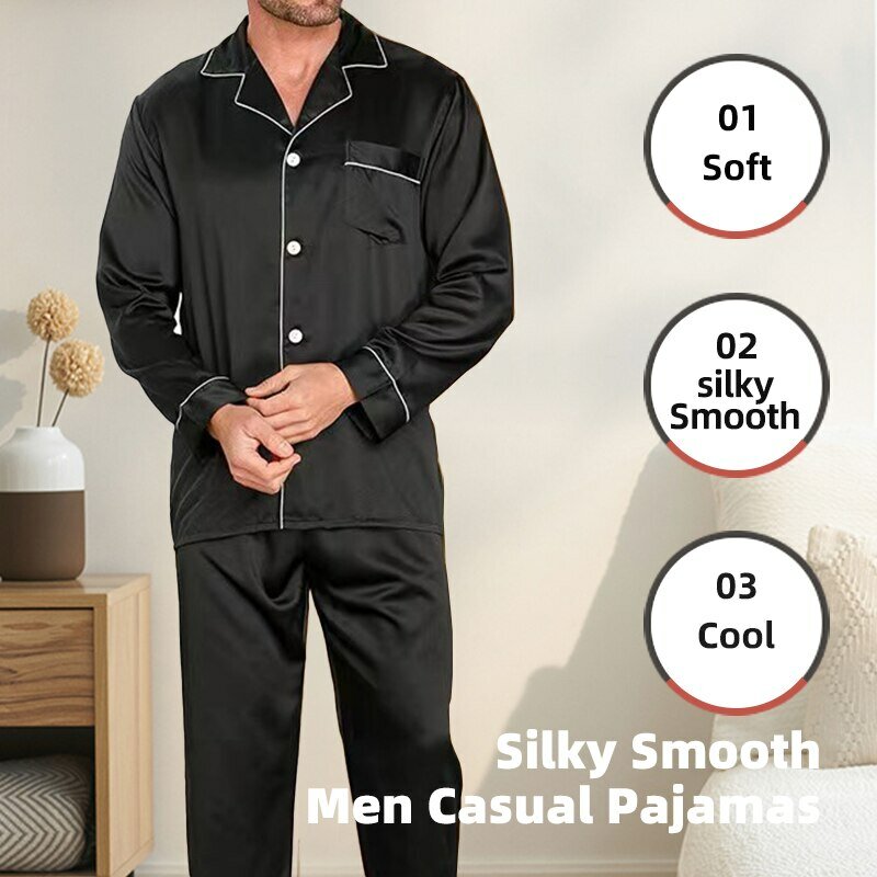 Conjuntos de pijamas de seda gelo masculinos, roupa de dormir preto e azul, mangas compridas, calças compridas, cor sólida suave, L, XXL, 3XL, 4XL