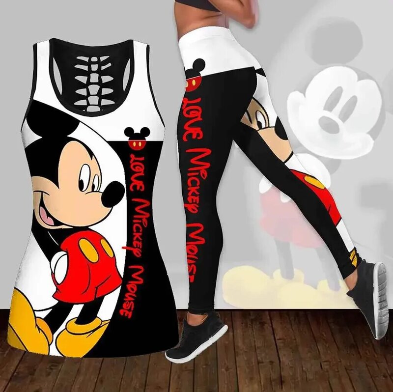 Nowe damskie bezrękawnik z wcięciem Mickey Mouse damskie legginsy strój do jogi legginsy Fitness strój sportowy Disney Tank Top Legging komplet strój
