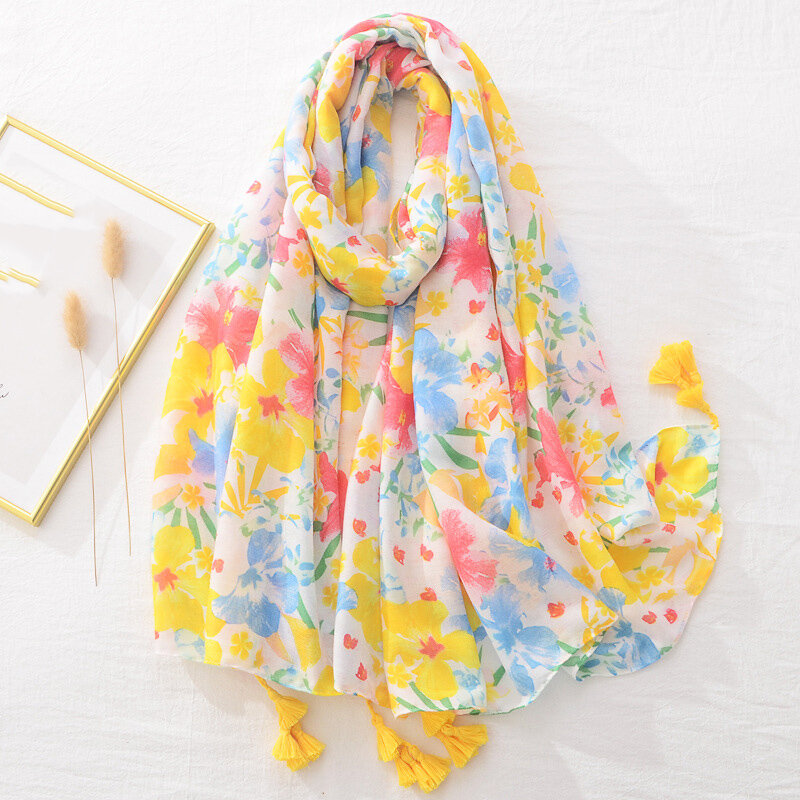 Bufanda de viscosa con borlas y flores para mujer, chal de lujo, Hijab musulmán de alta calidad, de algodón, color amarillo