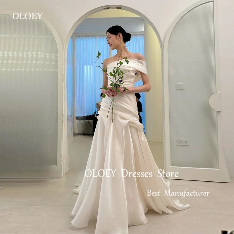 OLOEY-Um Ombro Silk Satin Vestidos De Noiva, Coreia Vestidos De Casamento, Elegante Photoshoot Vestido, Pregas, Vestido Ocasião Formal