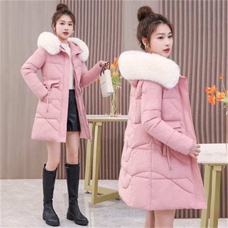 여성용 두꺼운 다운 코튼 패딩 재킷, 슬림 롱, 따뜻한 모피 칼라, 고급 후드 코튼 코트, 겨울 2023, 신상 패션
