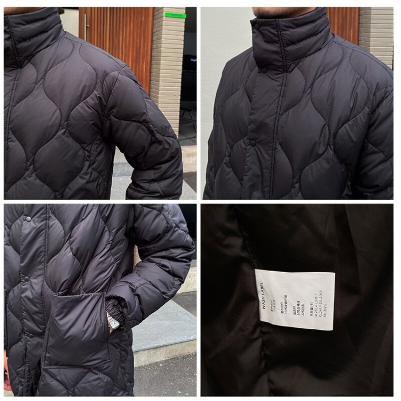 Men's Down Parka Long Regular Fit Stand Collar Diamond Pattern Korean Stylish Style Winter Warm Jacket
