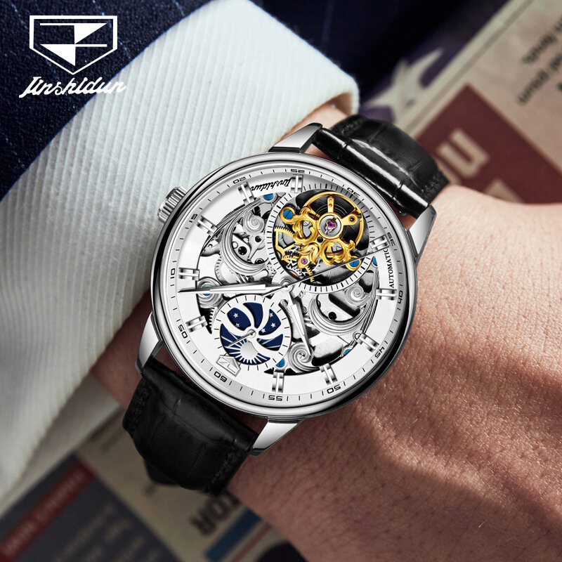 JSDUN-relojes mecánicos para hombre, pulsera con diseño de esqueleto, resistente al agua, con correa de cuero clásica, regalo para marido, 8922