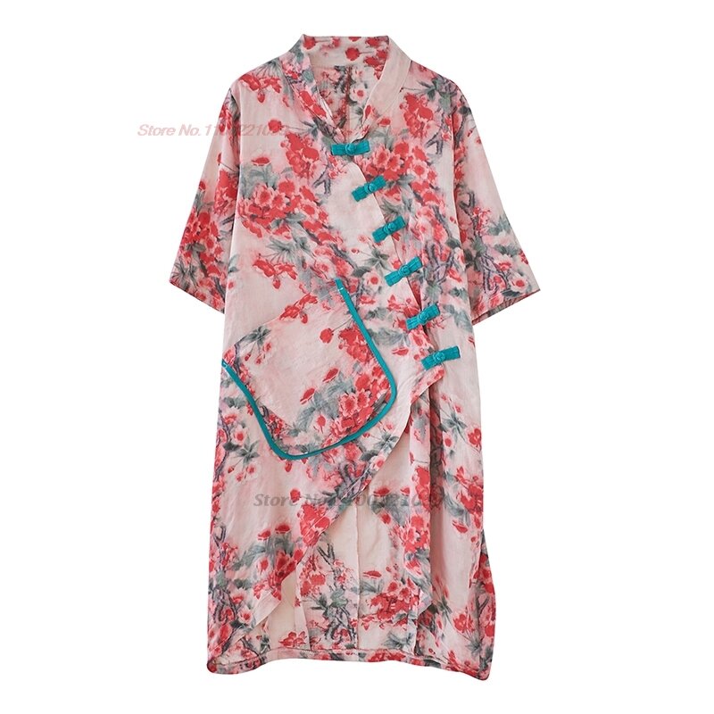 2024 chinesische Vintage Hanfu Tops nationale verbesserte Baumwolle Leinen Bluse orientalischen Blumen druck unregelmäßige Volks bluse Streetwear