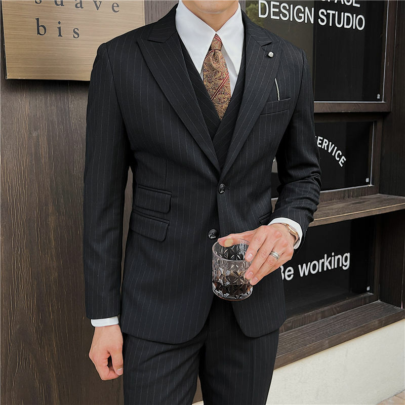 3-A1 Striped suit suit men's Korean version slim wedding dress two-button suit business casual three-piece set with lapel collar