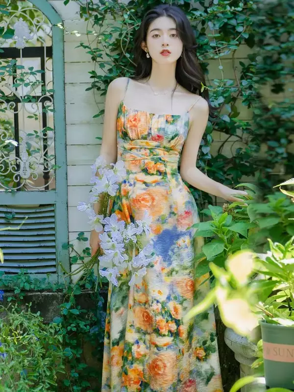 Francuski Retro strój podróżny damski kardigan z filtrem przeciwsłonecznym z obrazem olejnym kwiatowy sukienka na szelkach dwuczęściowy letni zestaw