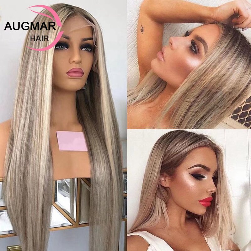 Ash Blonde Straight Lace Front Wig, Perucas de Cabelo Humano, Glueless Brown Destaque Peruca, 13x4, 13x6