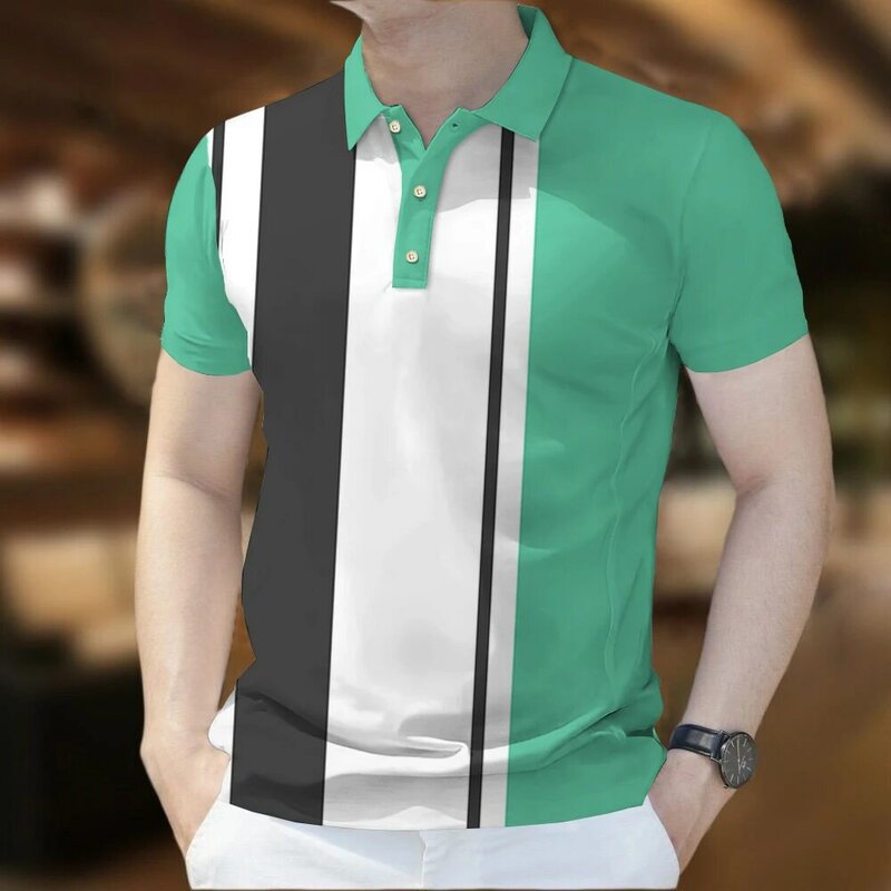 Camisa polo simples listrada masculina, camiseta lapela, manga curta, blusa casual, roupa de negócios, moda estampada, verão