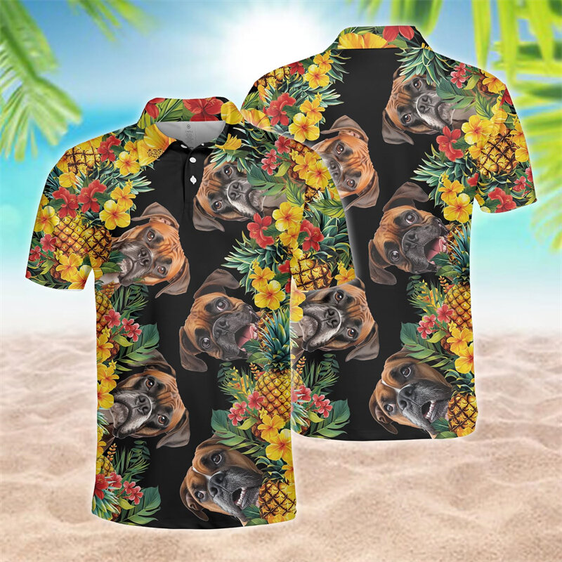 Happy Dog Ananas 3D-Druck Polo-Shirts für Männer Kleidung Hawaii Dobermann Chihuahua Hunde Polo-Shirt niedlichen Haustier Kurzarm Tops