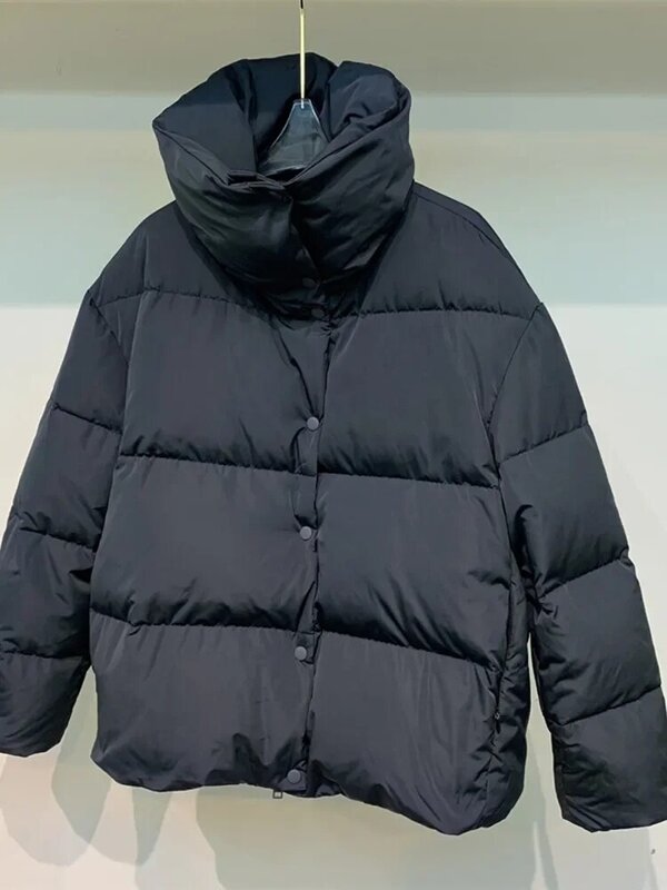 Damska kurtka puchowa jednokolorowy golf zagęszczony jednorzędowy zimowy nowy luźny ciepły płaszcz