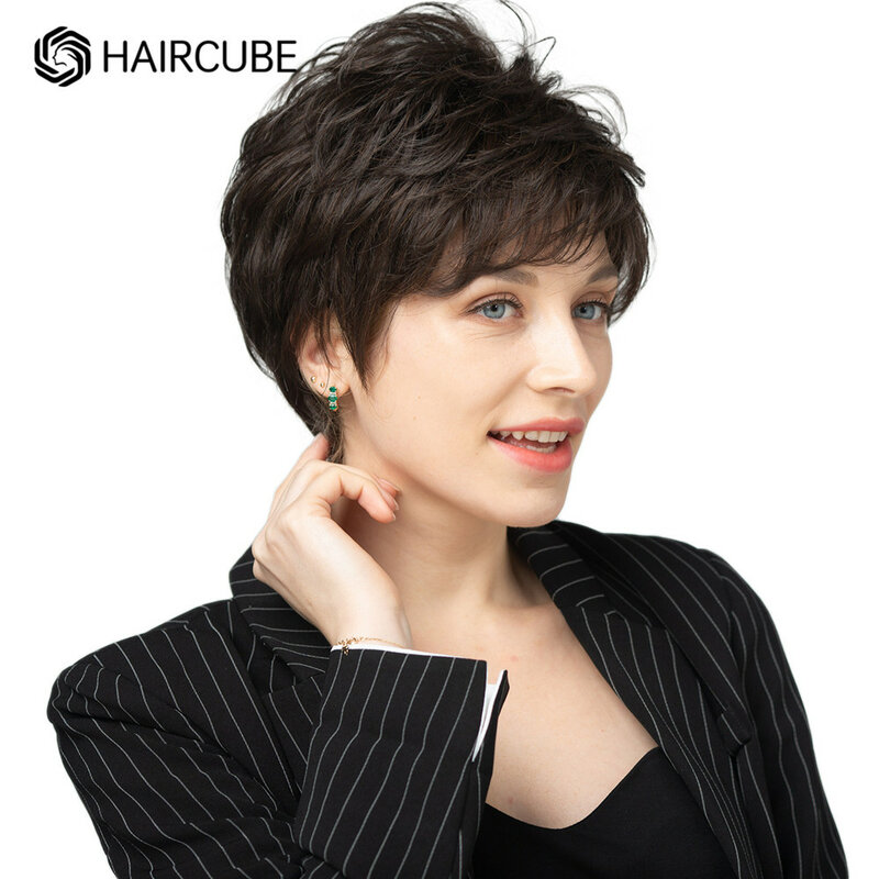 Haircube Korte Pruiken Voor Vrouwen Donkerbruin Pixie Cut Golvend Pruik 30% Menselijk Haar Pruiken Blend Synthetisch Fiber Vrouwen dagelijkse Cosplay Pruik