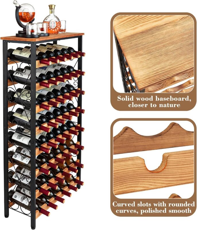 48 Bottles Floor Wine Rack with Wood Top, Freestanding Wine Bottle Organizer Shelf, Wobble-Free 8 Tier Wine Display Storage
