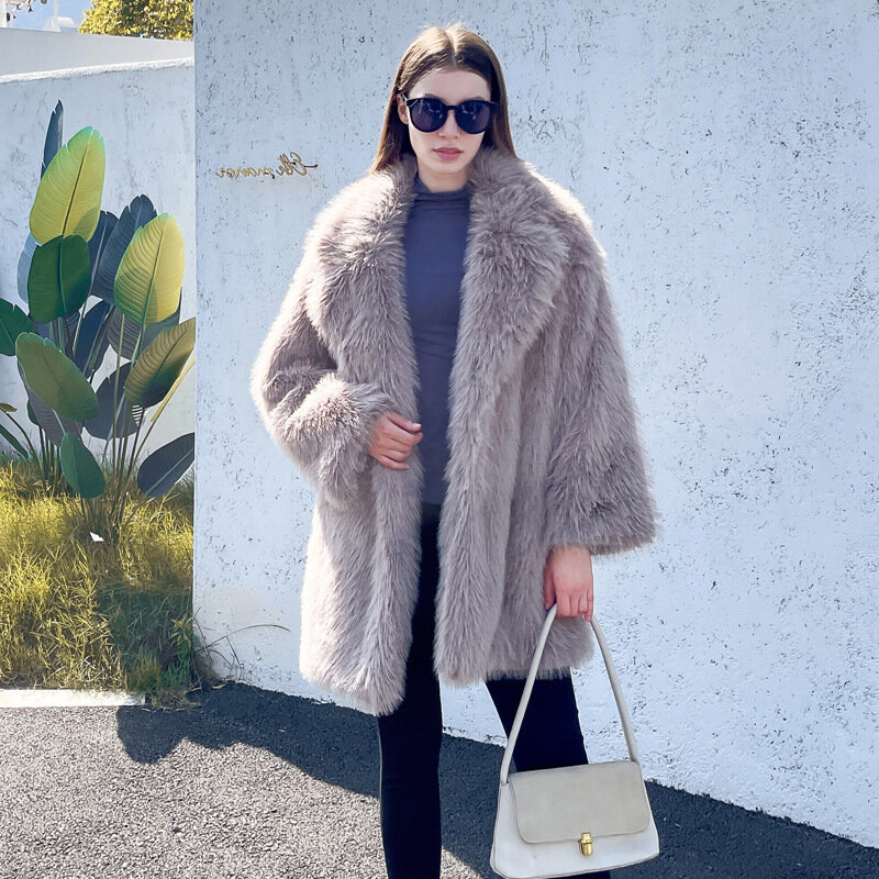 new Imitation Plush Coat Women's Imitation Fur Mid length Suit Collar Loose Winter Women's Coat
