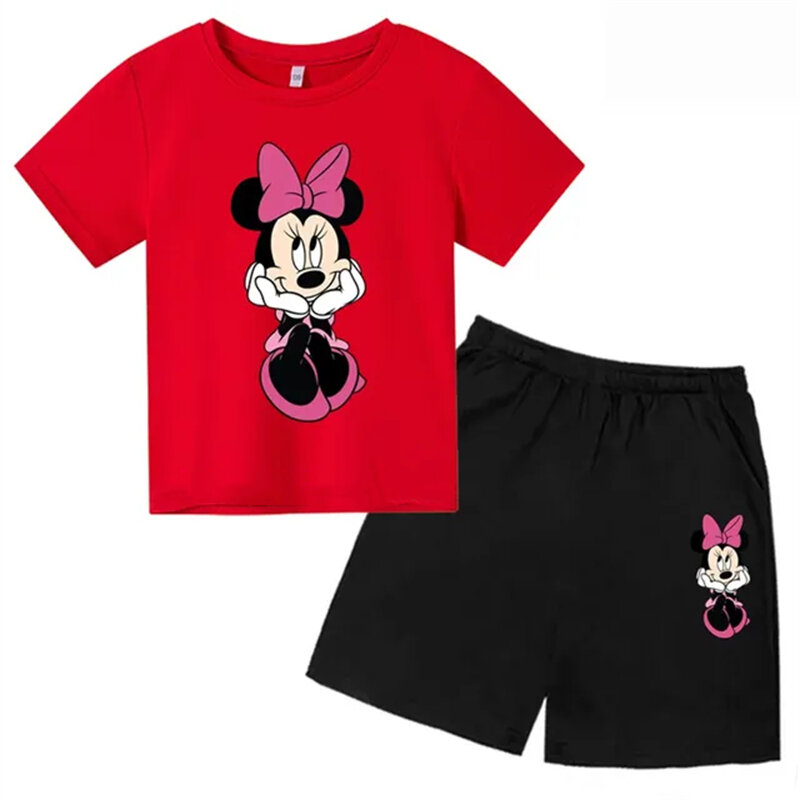 Mickey Mouse Summer Children Teenager Round Neck T-shirts+ Shorts Sets Suitability 2-12 Years Boys Girl Casual Short Sleeve