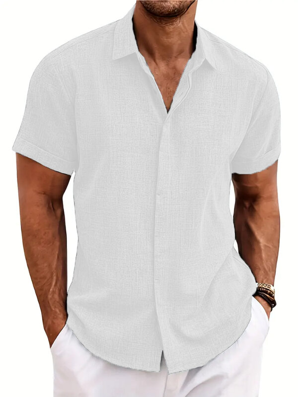 2024 new hot-selling men's short-sleeved shirt Summer solid color lapel hidden buckle casual beach style fashion high street top