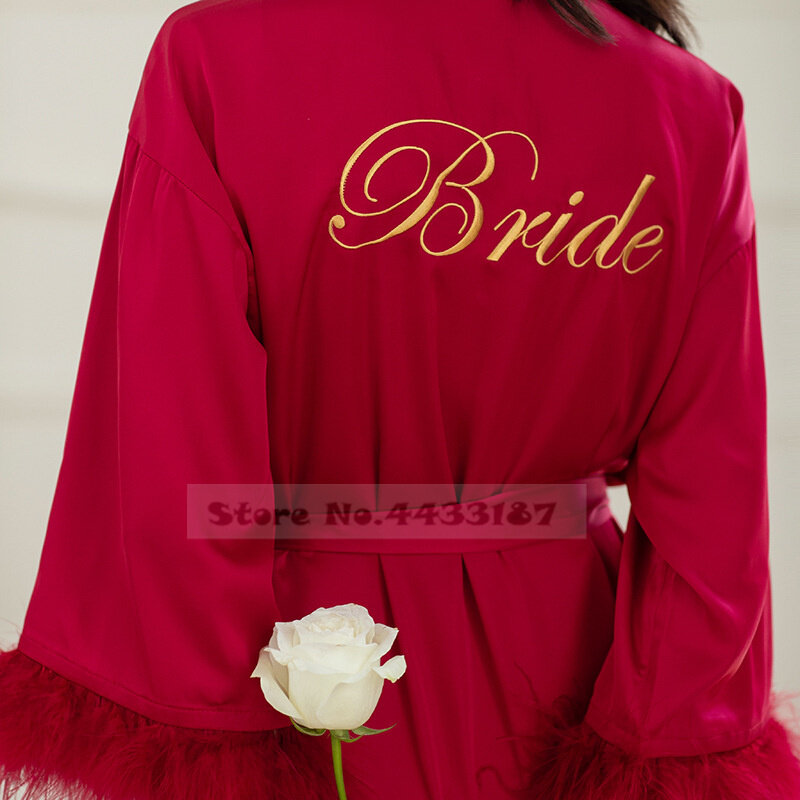 Luxury Exquisite Embroidery Wedding Robe Nightgown Bride Bridesmaid Feather Kimono Bathrobe Gown Sleepwear Loose Satin Home Wear