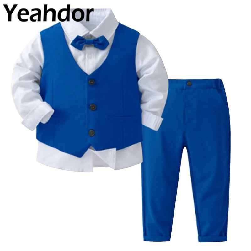 Toddler Boys Formal Outfit Long Sleeve Shirt with Bow Vest Pants Kids Gentleman Suit for Boy Wedding Party Banquets Baptism