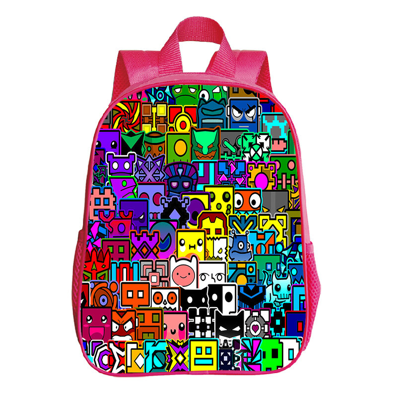 Girls Pink Backpack Geometry Dash Print Kindergarten School Bags for Kids 3-6 Years Children Bookbag Preschool Toddler Backapack