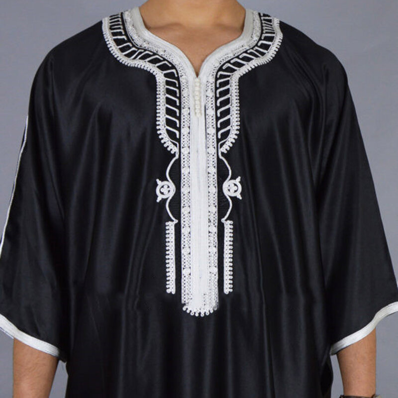 Bata informal suelta y transpirable para hombre, caftán musulmán bordado, estilo largo, árabe saudita, Thobe Islámico