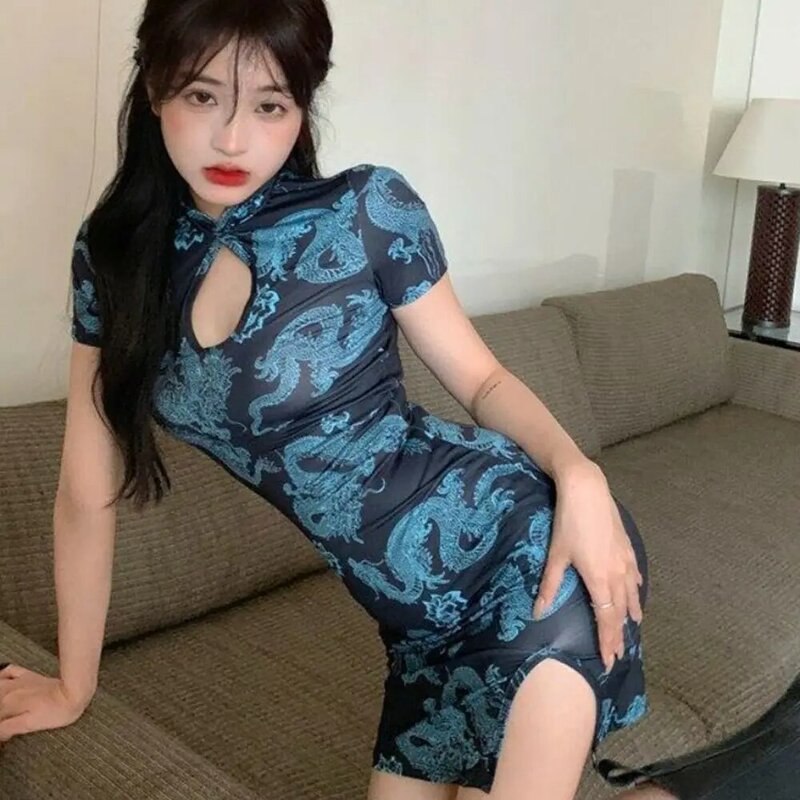 Cheongsam feminino esbelto estampa de dragão, estilo chinês, vintage, manga curta, roupa de mulher, bordado, senhora