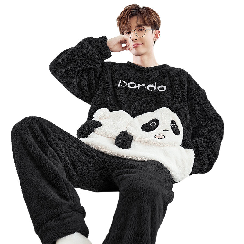 Heren Pyjama Set Volwassen Nachtkleding Winter Dikker Pyjama Homewear Cartoon Panda Koreaanse Losse Zachte Warme Pijama Vrijetijdskleding