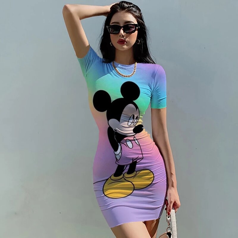 Disney-Vestido de tubo con estampado de Minnie y Mickey Mouse para mujer, elegante Vestido de oficina de manga corta, informal
