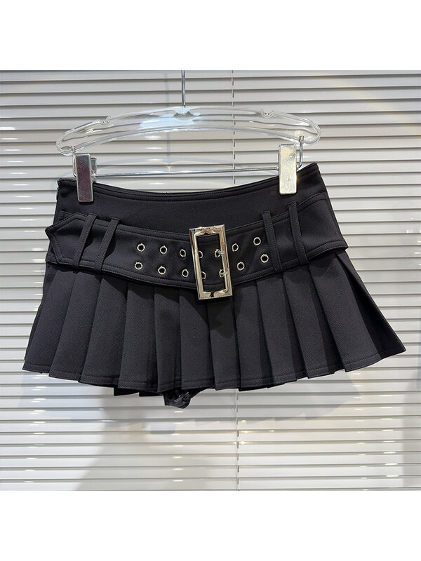 تنورة نسائية صغيرة بكسرات مع حزام ، ملابس الشارع Y2K ، أزياء هاراجاكو اليابانية ، فتاة المدرسة ، الصيف ، Y2K ، s