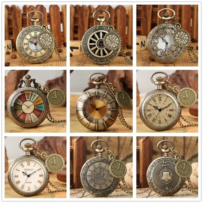 Charm Bronze Quartz Necklace Watch Men Women Roman Numerals Pendant Accessory Vintage Fashion Antique Pocket Clock Gifts