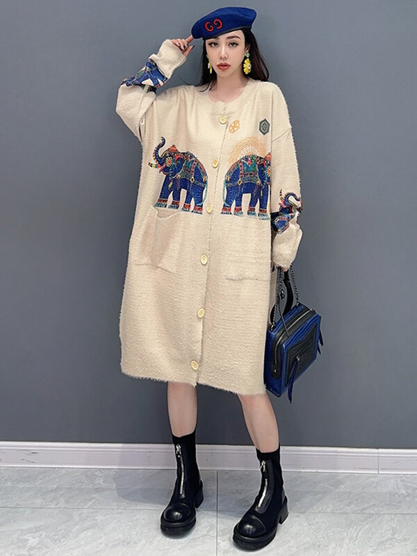 SHENGPALAE Elephant Printed Sweater Dress For Women Double Pockets Patchwork Loose Versatile Knit Vestido Spring 2024 New 5R9157