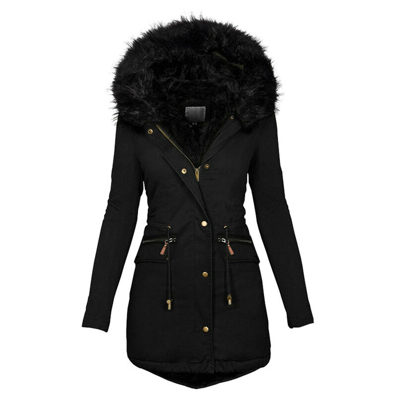 Jaket musim dingin bertudung untuk wanita, mantel hangat Parka lengan panjang bulu palsu bertudung, mantel panjang setengah tebal, pakaian luar salju