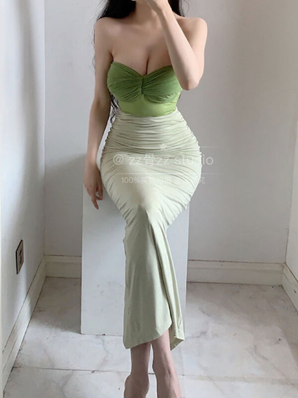 Милый женский летний зеленый комплект в Корейском стиле, плиссированный бюстгальтер, майка и Элегантная короткая юбка, привлекательная женская одежда L3G8