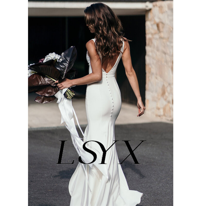 LSYX gaun pernikahan leher V dalam tanpa lengan sederhana gaun pengantin putri duyung Crepe terbuka belakang sisi tinggi celah lantai gaun pengantin buatan khusus