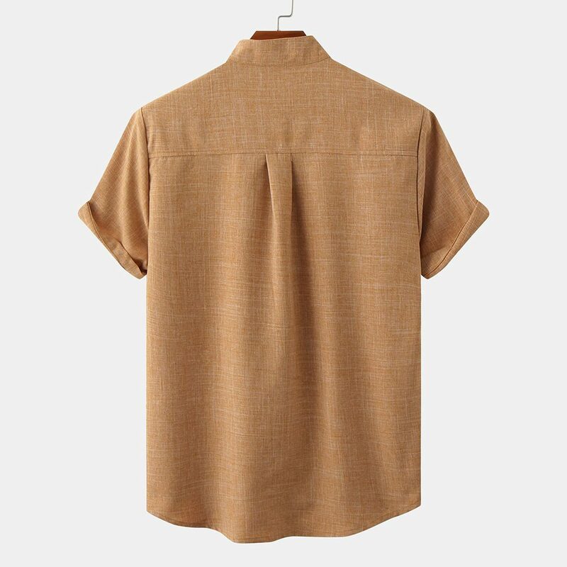Camisa de manga curta regular masculina, camisa de algodão stretch, cor sólida, gola alta, streetwear, verão, nova, marca