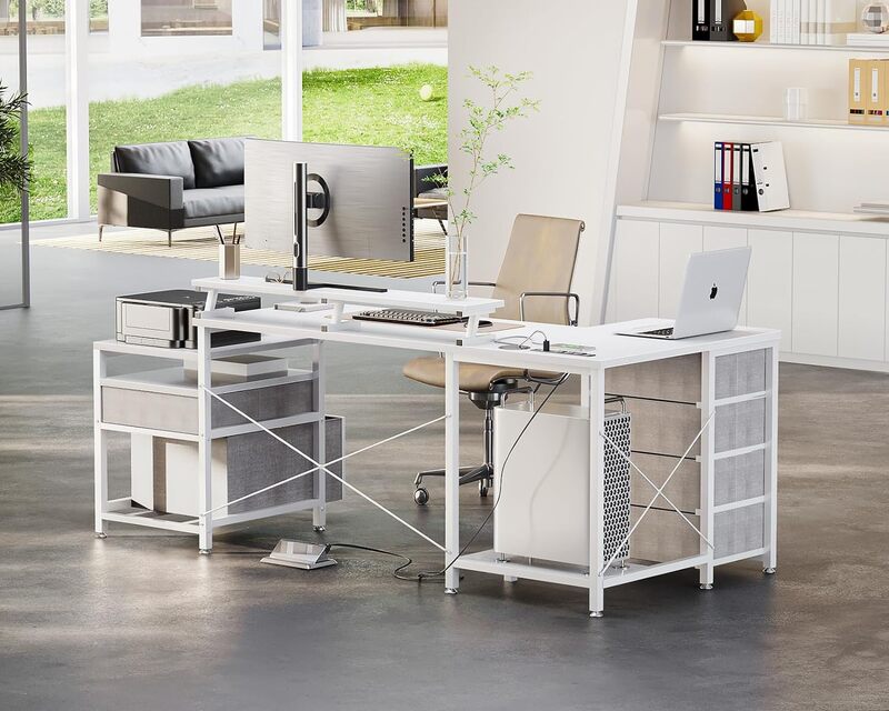 KKL L Shaped Computer Desk with File Drawers & 3 Power Outlets & 2 USB Ports, 72 Inch Home Office Desk with Printer Cabinet