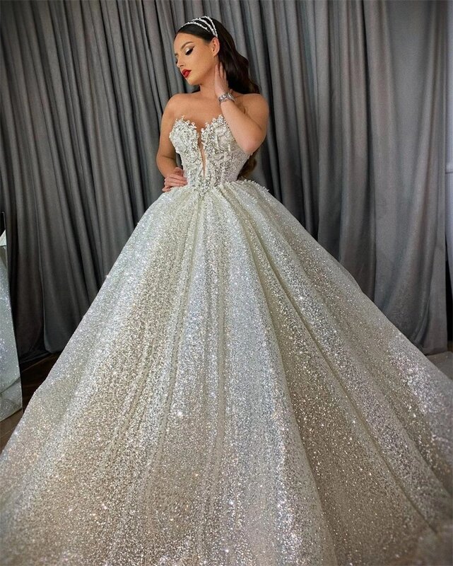 Gaun pesta Kristal Glitter manik-manik payet berkilau mewah gaun pernikahan gereja dibuat sesuai pesanan Vestido de novia
