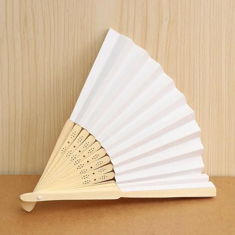 Hand Held Paper Fans White Silk Bamboo Folding Fans Handheld Folded Fan for Wedding Party DIY Decoration