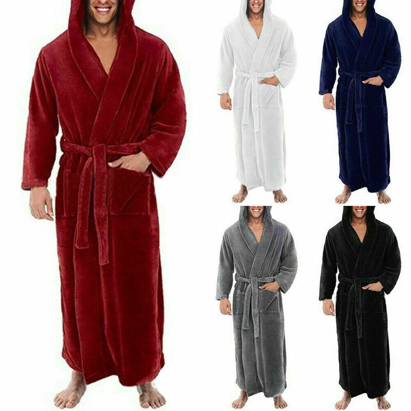 Bata de Kimono larga de franela cálida de forro polar de coral de invierno para hombres. Ropa de dormir casual de invierno para el hogar con camisón de franela cálida.