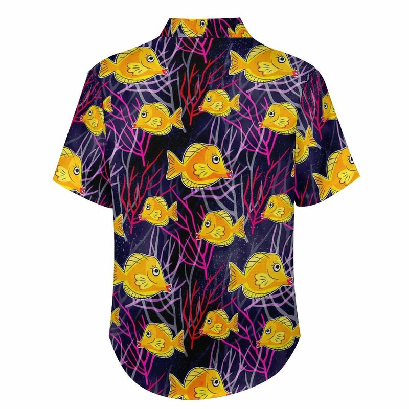 海の海の魚のカジュアルシャツ、黄色のtang休暇ルーズシャツ、ハワイアンストリートウェアブラウス、半袖デザイン、特大トップ