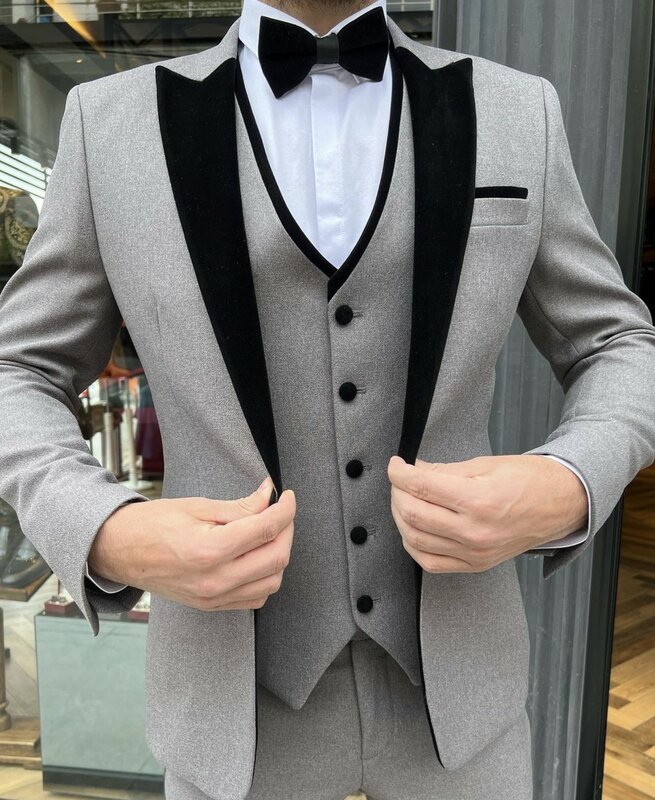 Tuksedo Pernikahan Inggris Abu-abu Pakaian Pengantin Pria Setelan Pria Slim Fit Kerah Runcing Prom BestMan Pengiring Pria Blazer Jaket Celana Rompi