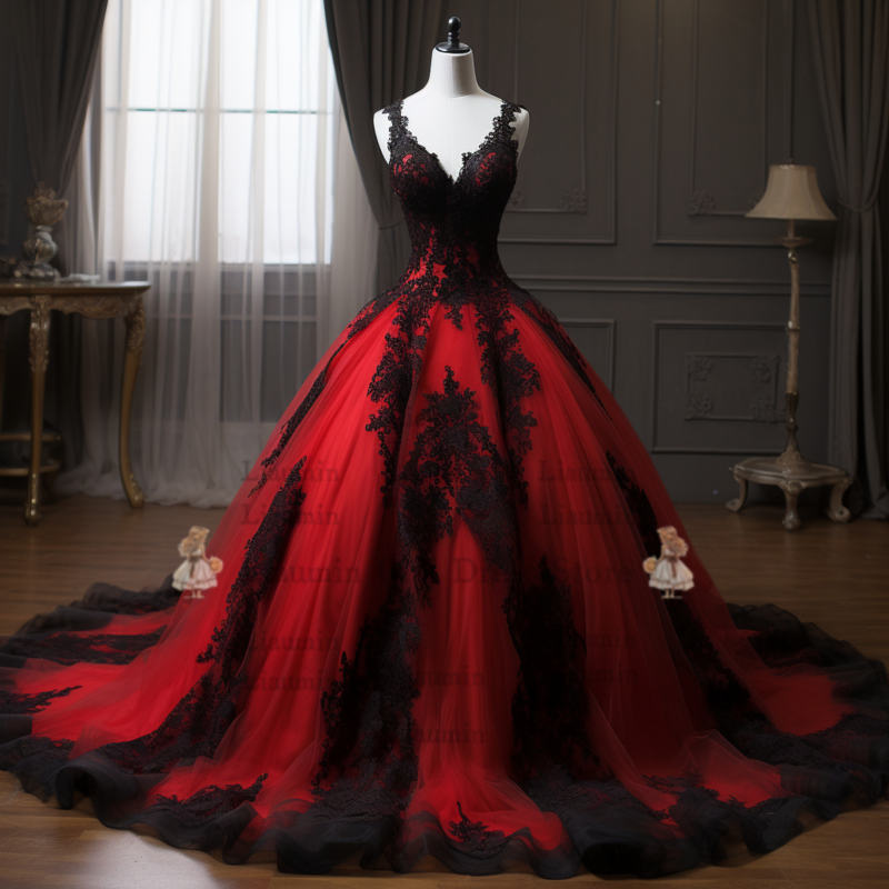 Tulle rosso e bordo in pizzo nero Applique abito da ballo con scollo a V abito da sera con lacci a figura intera occasione formale abbigliamento Elagant W3-9