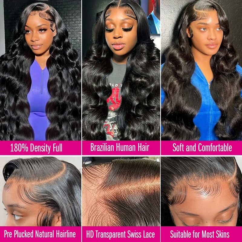 Perruque Lace Front Wig Body Wave Naturelle Noire, Cheveux Humains, 13x4 HD, Pre-Plucked, Densité 180%, 30 Pouces, pour Femme