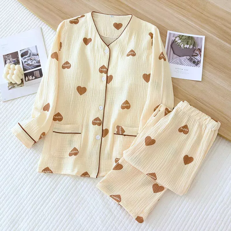Women Cotton Pajama with Chest Padded Print Korea Style Ladies Sleepwear Spring Autumn Crepe 2 Pcs Pijama Suit for Female