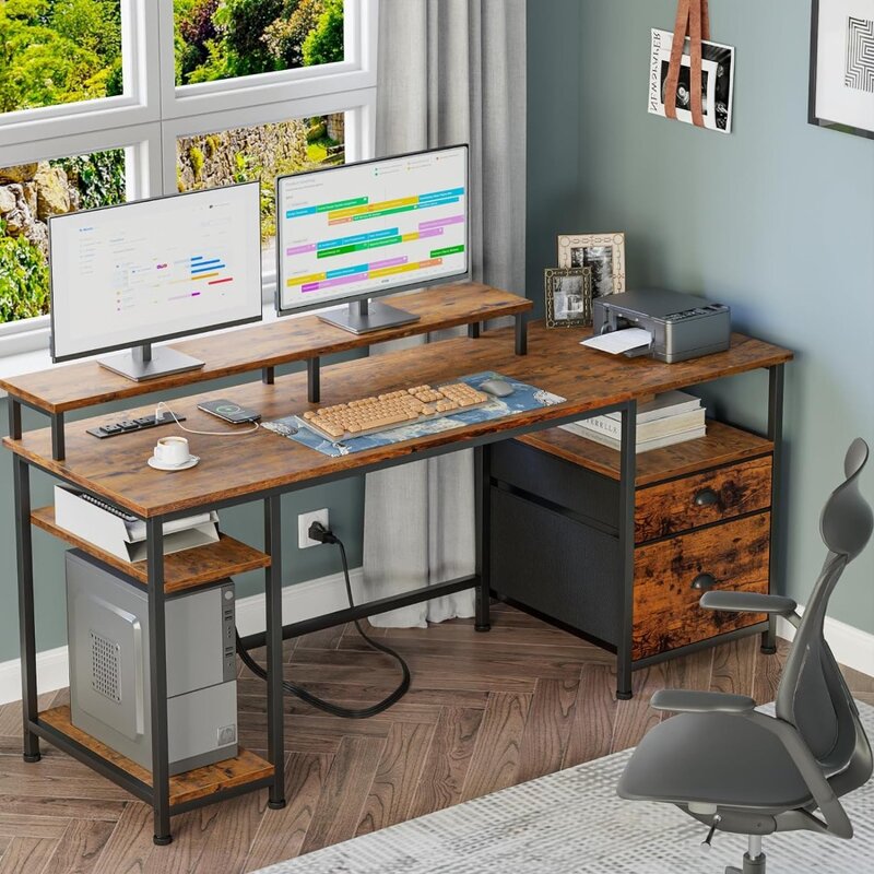 Компьютерный стол Furologee, 61 дюйм, с выходом питания и USB-портами, большой стол с полками и выдвижными ящиками, письменный учебный стол с