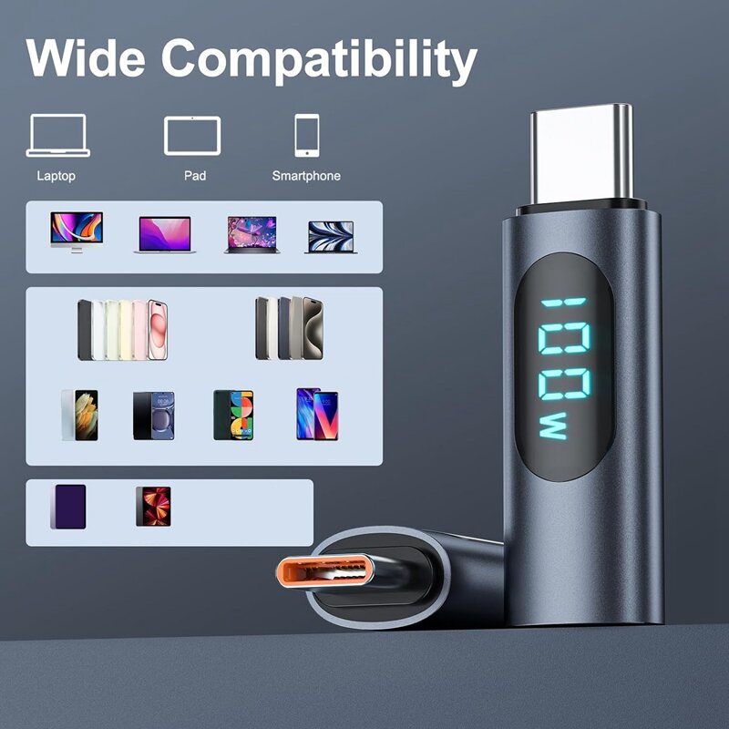 Adaptador USB C com display LED, PD 100W, macho para fêmea, testador rápido medidor de energia, USB-C carregador, monitor extensor, durável, 2PCs